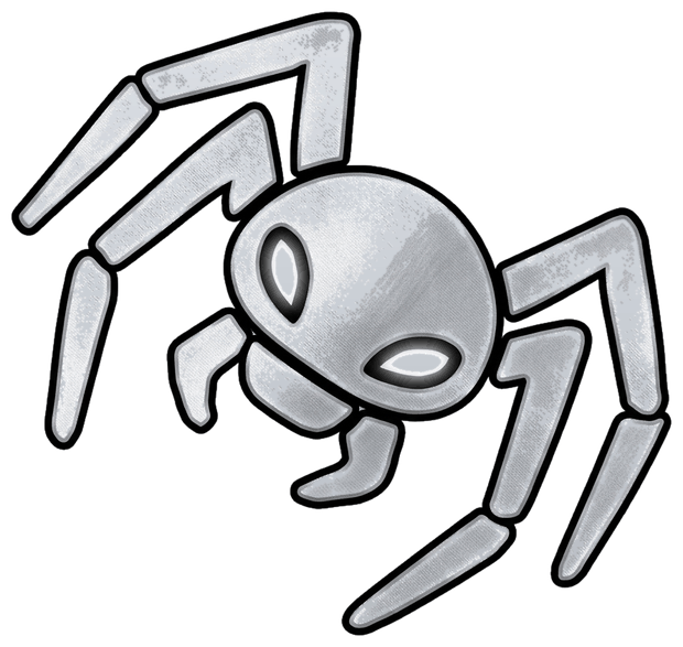 spndl — the Stitch mascot, a silver cartoon spider